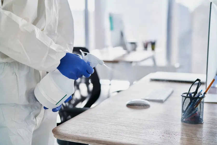 Close-up of hands cleaning a desk in a commercial office