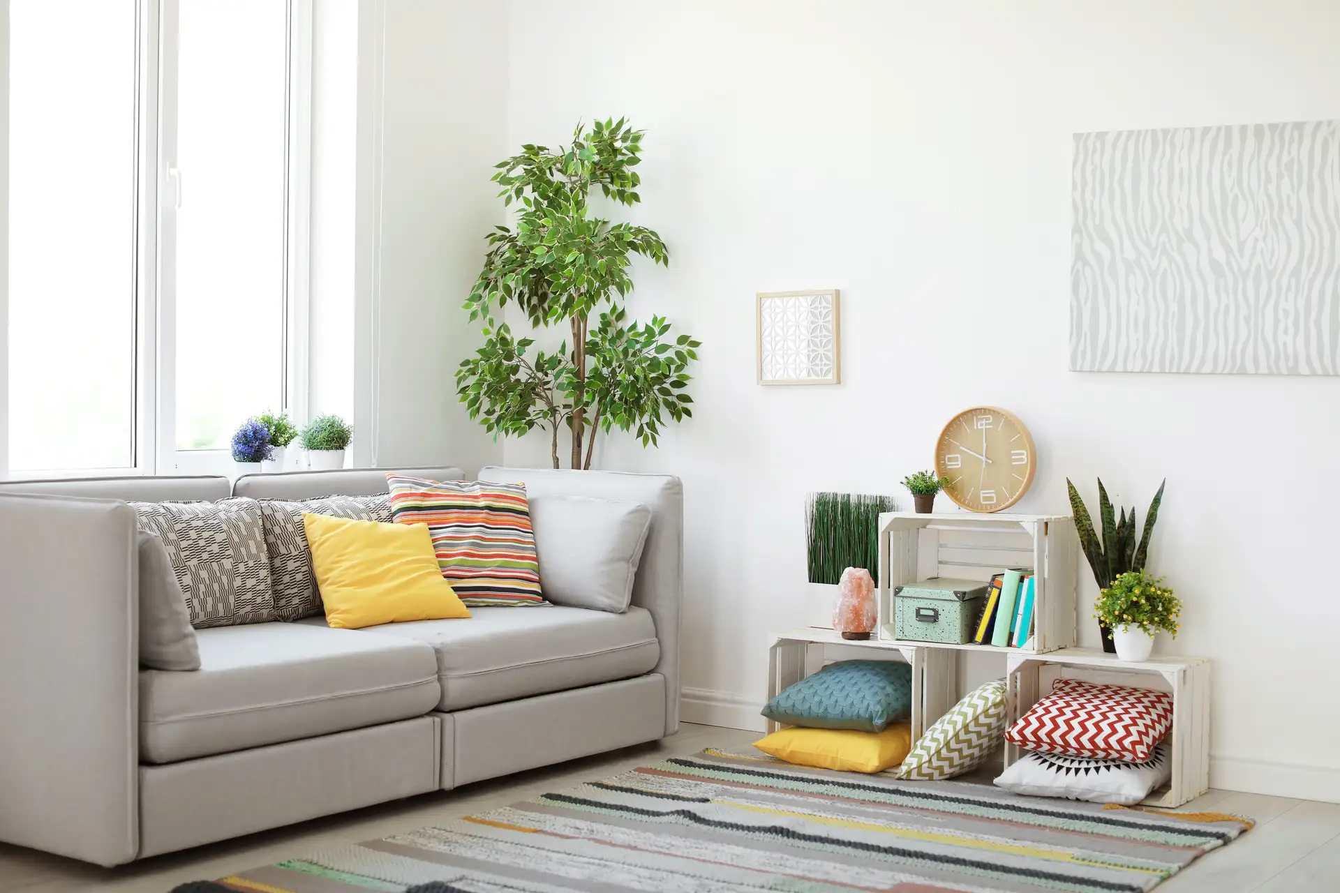 A cozy living room with a neutral color palette, freshly cleaned